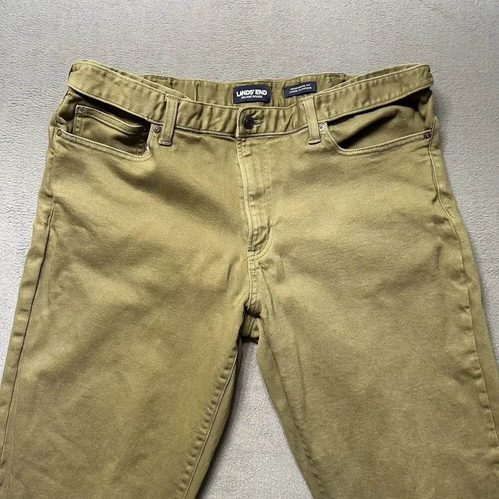 Lands End Mens 38 Square Rigger Traditional Fit Jeans Green Stretch Denim EUC